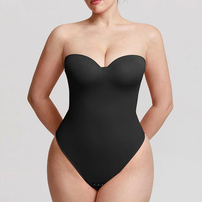 shapewear, melns bezvīļu bodijs ar koriģējošu efektu, ar noņemamām lencītēm, bez lencītēm, modele uz balta fona