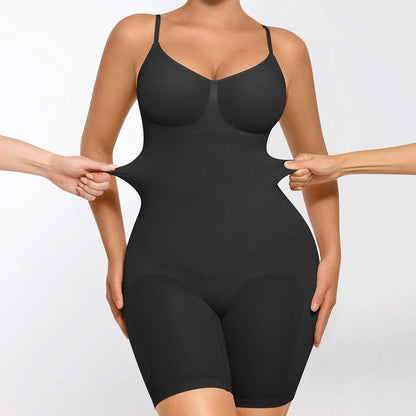 Bezšuvju pilna auguma koriģējošais bodijs ar sēžamvietas pacelšanas efektu un regulējamām lencēm – sieviešu shapewear ar šortu daļu, melns, elastīgs
