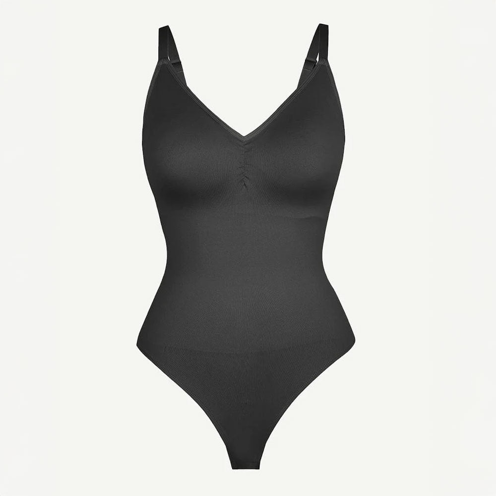 Bezvīļu melns bodijs ar vieglu vēdera izlīdzināšanu un komfortu