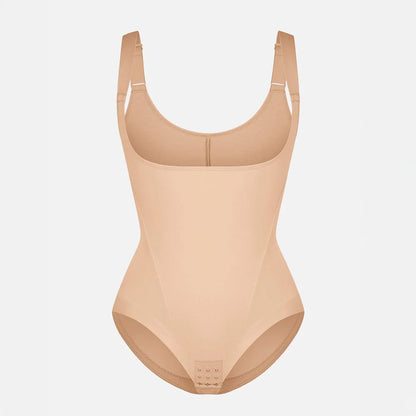 Sieviešu elastīgais bodijs bez krūštura daļas un antibakteriālu kokvilnas ielaidumu – shapewear no neilona un spandeksa. Uz balta fona