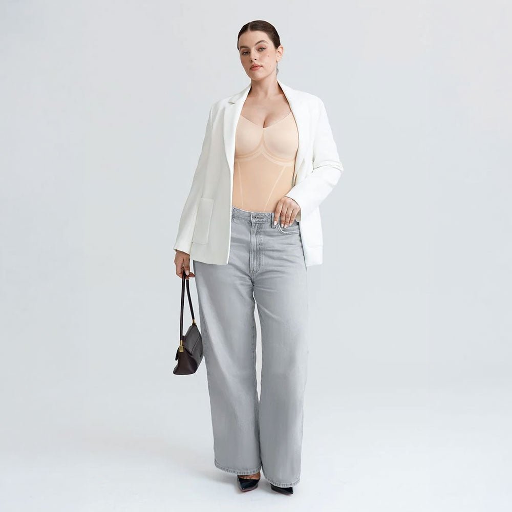 Liquid LYCRA™ V-veida Izgriezuma Viegli Koriģējošs Bodijs ar Šotyu Daļu - ElorélleBēšsShapewear