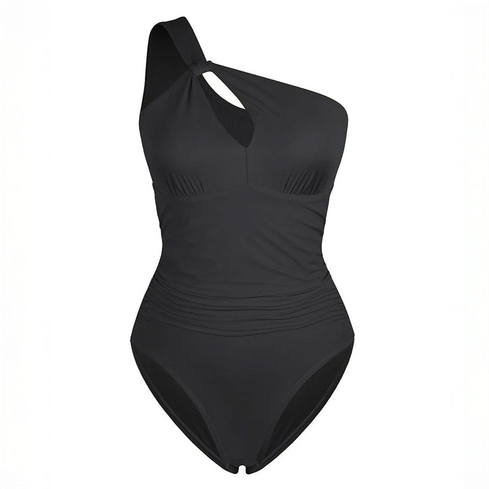 Asimetrisks melns peldkostīms ar elastīgu, ātri žūstošu audumu – detaļu skats